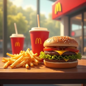  (best quality,8k,highres, masterpiece:1.2), (anime style),ultra-detailed, HDR, UHD, studio lighting, ultra-fine painting, sharp focus, physically-based rendering, extreme detail description, professional, vivid colors, bokeh, portraits, concept artists, warm color palette, dramatic lighting,McDonald's hamburgers and fries, drinks, on the table in the store, sunshine,