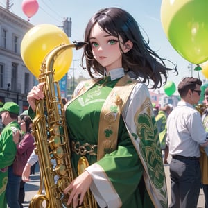 ((masterpiece, best quality, ultra detailed)), (shiny hair:1.4),St. Patrick's Day, people in green Celtic costumes, carnival in droves on the roads of Ireland, young woman with green eyes emitting a beautiful light shining, playing alto saxophone,(long sleeves celtic costumes),sunshine,clear sky,green baloons,