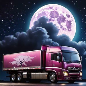 ((masterpiece, best quality, ultra detailed)), (shiny hair:1.4),10t japanese pimped-out truck,side view,distant view,beautiful moon,beautiful midnight  background,The lights of the truck shine brightly,