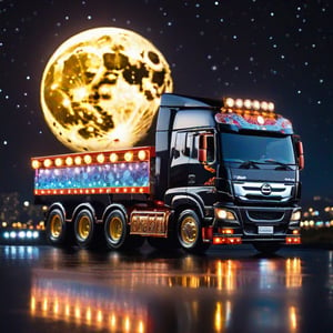 ((masterpiece, best quality, ultra detailed)), (shiny hair:1.4),10t japanese pimped-out truck,side view,distant view,beautiful moon,beautiful midnight  background,The lights of the truck shine brightly,The illumination attached to the outer perimeter of the track makes the track shine and dazzle.Illuminations and art are painted on the bed of the truck,