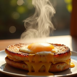 Croque madame with steam on top, cheese melting, browning, on a table made of wood, sunshine,