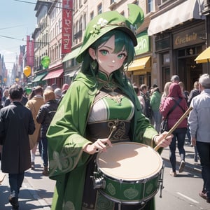 ((masterpiece, best quality, ultra detailed)), (shiny hair:1.4),St. Patrick's Day, people in green Celtic costumes, carnival in large numbers on the roads of Ireland, 25 old,1 woman with green eyes emitting a beautiful light shining, Holding a drumstick and hitting a small snare drum, motifs in the form of clover are displayed all over the city,(long sleeves celtic costumes),sunshine,clear sky,green baloons