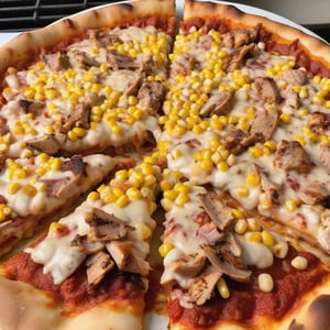 (finely chopped roasted chicken), (grain corn, extracted from the core, placed on top of the pizza and baked), (covered with cheese), [barbecue sauce patterns from top],