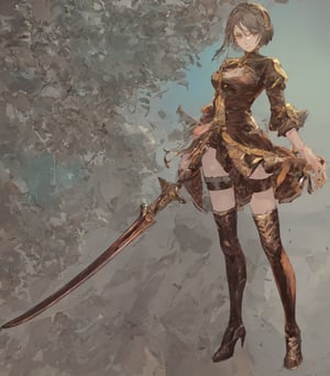 nier, 1girl, solo, breasts, short hair, thighhighs, gloves, long sleeves, dress, holding, cleavage, medium breasts, closed mouth, standing, full body, weapon, white hair, hairband, boots, black gloves, puffy sleeves, sword, black thighhighs, black footwear, holding weapon, mole, black dress, high heels, leotard, clothing cutout, turtleneck, thigh boots, holding sword, short dress, cleavage cutout, katana, black hairband, juliet sleeves, mole under mouth, side slit, high heel boots, blindfold, vambraces, covered eyes, thighhighs under boots, black blindfold, feather trim, feather-trimmed sleeves, leather boots, yorha no. 2 type b