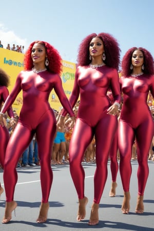 Generate hyper realistic 8K image of a few beautyful girls, (Brazilian samba dancers), (few_girls:1.2),18 y.o., (they wearing glossy (maroon:1.1) ultra-tight_fitting seamless satin-spandex plain catsuits, 4-way_stretchy ultra-thin shiny biflex, nylon, soft-shine, looking like bodypaint:1.2), brightly featured, (they are dancing samba on crowded Rio carnival, Brazil, sunlight). High heels, bright makeup, naked, (fat:0.5), (strong, athletic), (topless), excited, aroused, (athletic strong muscular figures with strong legs), (very small flat breasts), full hips, tight butts, abs. (Jewelry, bijou,:1.2), (Full body shot:1.2), Plan Catsuit,bigger_female,large_muscles