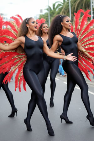 Generate hyper realistic 8K image of a few beautyful girls, (Brazilian samba dancers), (few_girls:1.2),18 y.o., (they wearing glossy (black:1.1) ultra-tight_fitting seamless satin-spandex ultra-smooth plain leggings, 4-way_stretchy ultra-thin shiny biflex, nylon, soft-shine, looking like bodypaint:1.2), brightly featured, (they are dancing samba on crowded Rio carnival, Brazil, sunlight). High heels, bright makeup, (fat:0.5), (strong, athletic), excited, aroused, (athletic strong muscular figures with strong legs), (very small flat breasts), full hips, tight butts, abs. (Jewelry, bijou,:1.2), (Full body shot:1.2), Plan Catsuit,bigger_female,large_muscles