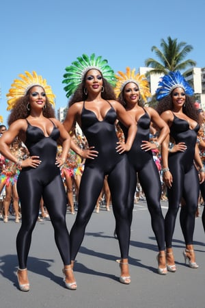 Generate hyper realistic 8K image of a few beautyful girls, (Brazilian samba dancers), (few_girls:1.2),18 y.o., (they wearing glossy (black:1.1) ultra-tight_fitting seamless satin-spandex ultra-smooth plain leggings, 4-way_stretchy ultra-thin shiny biflex, nylon, soft-shine, looking like bodypaint:1.2), brightly featured, (they are dancing samba on crowded Rio carnival, Brazil, sunlight). High heels, bright makeup, (fat:0.5), (strong, athletic), excited, aroused, (athletic strong muscular figures with strong legs), (very small flat breasts), full hips, tight butts, abs. (Jewelry, bijou,:1.2), (Full body shot:1.2), Plan Catsuit,bigger_female,large_muscles