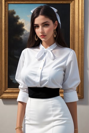 (RAW photo, best quality), (realistic, photo-Realistic:1.1), best quality, masterpiece, beautiful and aesthetic, 16K, head to thigh portrait, white bracelet, white dress shirt, black neck ribbon, black high-waist skirt, a beautiful Spanish girl, ,giant breasts,sakimichan