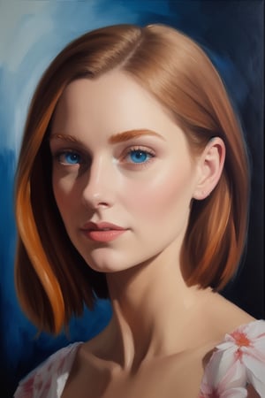 impressionistic realism by csybgh), a gorgeous slavic ginger, very busty, pretty face with strong facial bone structure, wears floral dresses, loves the mountains, lovely blue eyes, cultured lady that loves to read and paint, she is young talented and curious, slightly chubby, masterpiece, 8k, hyper detailed, impasto painting, rough brushwork, palette knife painting, visible canvas texture