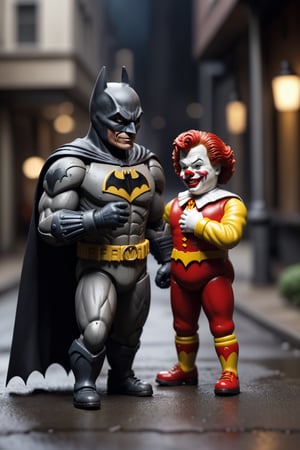 Stopmotion, tilt-shift of Batman afraid of Ronald McDonald, Ronald McDonald is beating Batman with an iron pipe