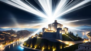 4k, masterpiece, Italian castle city, (trendwhore style:1.4), abstract art, abstract light rays, abstract  ((bursting light rays),   silver theme. sharp details. BREAK highest quality, detailed and intricate, original artwork, trendy, vector art, award-winning, artint, SFW, ,night city,DonMW15pXL,itacstl