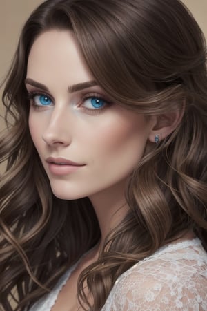 beautiful detailed portrait, a beautiful 30 year old female, long wavy brunette