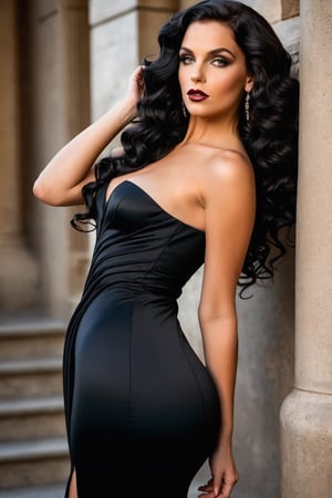 tight black dress that harmonizes the artistic curves of Art Nouveau with the dark charm of modern fashion, the stunningwoman girl with her long, wavy black hair 