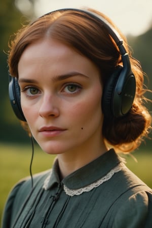 Jane Eyre with headphones, natural skin texture, 24mm, 4k textures, soft cinematic light, adobe lightroom, photolab, hdr, intricate, elegant, highly detailed, sharp focus, ((((cinematic look)))), soothing tones, insane details, intricate details, hyperdetailed, low contrast, soft cinematic light, dim colors, exposure blend, hdr,
