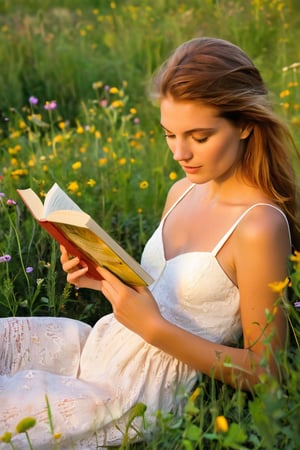 beautiful woman, 23 years old, reading a book in a field of wildflowers