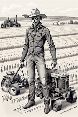 draft, outline, monochrome,  reference sheet, drawing a scarecrow with jeans and tractor and cornfield. 