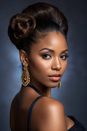 (((iconic but extremely beautiful 30 year old black woman, brunette updo hair, sfw, head to thigh view))), (((Solid full colors))), (((Chiaroscuro darkness light background))), (((intricate details,masterpiece,best quality,hyperrealistic, photorealistic))), (((by dave carsonstyle)))