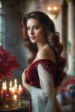 Generate hyper realistic image of a beautiful woman with hair resembling rich, velvety red licorice. Picture her standing in a dreamlike setting, surrounded by soft, ethereal lighting. The dreamy atmosphere enhances her beauty, creating a captivating scene that transports viewers to a Spanish castle.,itacstl