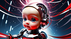4k, masterpiece, (trendwhore style:1.4), ((head of a abstract cyborg baby)), head and body, stainless steel head, mecha pieces, robot parts, shattered reality, ((bursting light rays),   red theme. sharp details. BREAK highest quality, detailed and intricate, original artwork, trendy, vector art, award-winning, artint, SFW, ,night city,DonMW15pXL