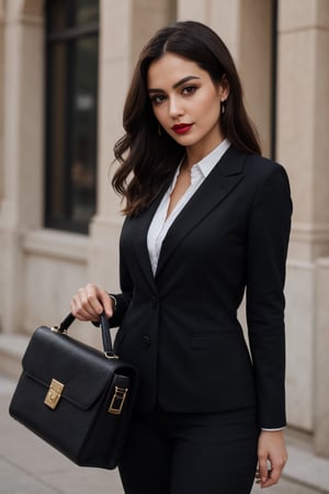 (Editorial Medium full body shot:1.2), (face in frame), (Best quality, 8k, 32k, Masterpiece, UHD:1.2), Medium body shot raw photography, medium body shot, Hyper realistic image of a young female lawyer's face with confident eyes, wearing an elegant black pantsuit with a white blouse, standing on a city street holding a leather briefcase, (RAW photo, extremely detailed ultra high quality masterpiece, detailed hands, detailed face, detailed eyes, detailed fingers:1.2), elegant makeup, red lipstick, high heels, tailored stylish lawyer outfit, seductive