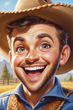 happy, smiling, chubby cowboy, closeup, excited, big eyes, pie on face, mouth