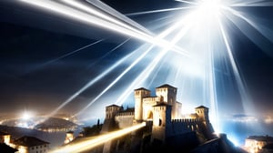 4k, masterpiece, Italian castle city, (trendwhore style:1.4), abstract art, abstract light rays, abstract  ((bursting light rays),   silver theme. sharp details. BREAK highest quality, detailed and intricate, original artwork, trendy, vector art, award-winning, artint, SFW, ,night city,DonMW15pXL,itacstl