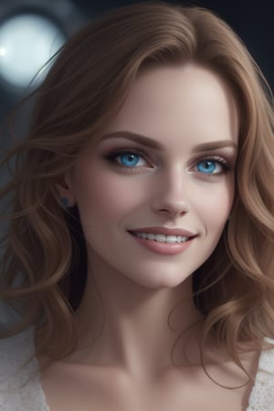beautiful detailed portrait, a beautiful 30 year old feisty woman, long messy hair, high-tech, beautiful expressive eyes, delicate round face, delicate nose, lush lips, confident grin, beautiful top, sci-fi, best quality, extemely detailed