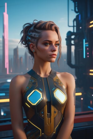 A photo of a beautiful cute young woman medium hair, with a decorated dress, safe for work (SFW), gorgeous face, Realistic Proportions, Concept art by James Gurney and Laurie Greasley, Moody Industrial skyline, ArtstationHQ, Creative character design for cyberpunk 2077