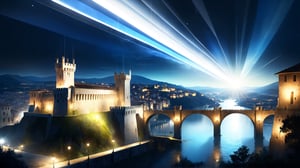 4k, masterpiece, Italian castle city, (trendwhore style:1.4), abstract art, abstract light rays, abstract  ((bursting light rays),   blue theme. sharp details. BREAK highest quality, detailed and intricate, original artwork, trendy, vector art, award-winning, artint, SFW, ,night city,DonMW15pXL,itacstl