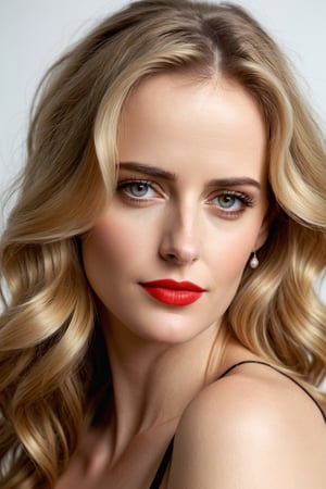 photorealistic, masterpiece, hyperdetailed photography of a beautiful woman, looks like 35 year old Eva Green, ((((blonde long wavy hair)))), big breast, sexy face, best quality, 8k UHD, 8k, ultra quality, ultra detailed, closed mouth, smirking, warm lighting, soft lighting, (closeup), looking_at_viewer, smooth face, facing viewer, soft red lipstick, attractive face, smooth lighting, softbox, white wall background, photoshop_(medium), natural face, natural beauty, perfectly contoured face, bare shoulders, ((((closed mouth))))