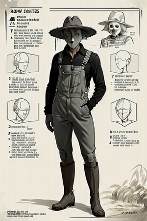 draft, outline, monochrome,  reference sheet, how to build a scarecrow with old overalls with holes, old clothing, tractor and cornfield. Straw coming out of scarecrow boots and sleeves, checkered shirt, smoking a pipe, whiskey bottle in pocket