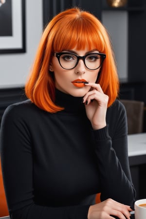 Generate hyper realistic image of a captivating woman with cascading orange hair, framed by chic blunt bangs, gazes directly at the viewer. Her brown eyes sparkle with warmth behind stylish black-framed glasses as she raises a slender index finger to her lips in a hushed gesture. Dressed in a cozy turtleneck sweater with long sleeves, she exudes an air of sophistication, her black hairband adding a touch of elegance to her ensemble. With her flawless black nails lightly resting on the table, she invites intrigue with her enigmatic expression, leaving viewers curious about the secrets she keeps behind her closed mouth.,p3rfect boobs