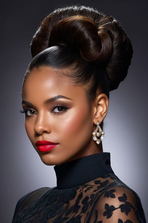 (((iconic but extremely beautiful 30 year old black woman, brunette updo hair, sfw, closeup))), (((Solid full colors))), (((Chiaroscuro darkness light background))), (((intricate details,masterpiece,best quality,hyperrealistic, photorealistic))), (((by dave carsonstyle)))