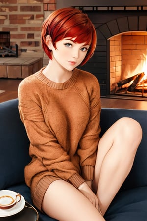 1girl, a young woman, (short hair, pixie cut:1.2), wearing a thick sweater, (redhead:1.2), (couch:1.2), (indoors), sitting by fireplace