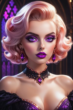 best quality, masterpiece, beautiful and aesthetic, 16K, ( (vibrant color:1.4), (Bright and intense:1.2), fantasy concept art of Gothic style beautiful young woman,monroe,Rose Gold lipstick,iridescent trim,Violet eyes, . Dark . magnificent (facing the camera:1.2), medium breast, highly detailed,, realistic, 8k, unreal engine, cinematic,  cinematic lighting, Black background, Studio lighting, professional photography