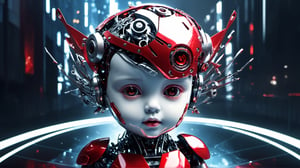 4k, masterpiece, (trendwhore style:1.4), ((head of a abstract cyborg baby)), head and body, stainless steel head, mecha pieces, robot parts, shattered reality, ((bursting light rays),   red theme. sharp details. BREAK highest quality, detailed and intricate, original artwork, trendy, vector art, award-winning, artint, SFW, ,night city,DonMW15pXL