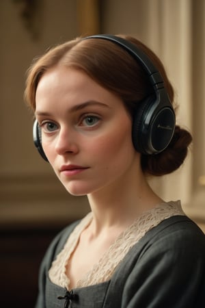 Jane Eyre with headphones, natural skin texture, 24mm, 4k textures, soft cinematic light, adobe lightroom, photolab, hdr, intricate, elegant, highly detailed, sharp focus, ((((cinematic look)))), soothing tones, insane details, intricate details, hyperdetailed, low contrast, soft cinematic light, dim colors, exposure blend, hdr,