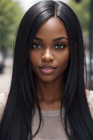 beautiful black woman, long flowing black hair, 25 years old, head to thight shot