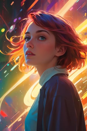 25 year old woman, wacky, colorful, crazy, abstract, epic, vibrant, atmospheric lighting, by Jesper Ejsing, by RHADS, Makoto Shinkai, and Lois van baarle, ilya kuvshinov, rossdraws, artgerm, octane render, cgsociety, trending on artstation