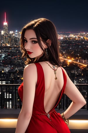 1girl, (red sleeveless dress, detailed jewelry), (portrait, backlit:1.2), (city, nighttime:1.2), posing for photo, long hair, lipstick