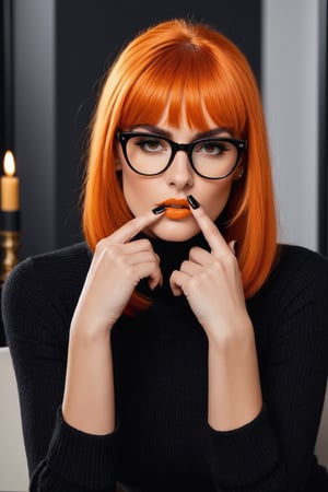 Generate hyper realistic image of a captivating woman with cascading orange hair, framed by chic blunt bangs, gazes directly at the viewer. Her brown eyes sparkle with warmth behind stylish black-framed glasses as she raises a slender index finger to her lips in a hushed gesture. Dressed in a cozy turtleneck sweater with long sleeves, she exudes an air of sophistication, her black hairband adding a touch of elegance to her ensemble. With her flawless black nails lightly resting on the table, she invites intrigue with her enigmatic expression, leaving viewers curious about the secrets she keeps behind her closed mouth.,p3rfect boobs