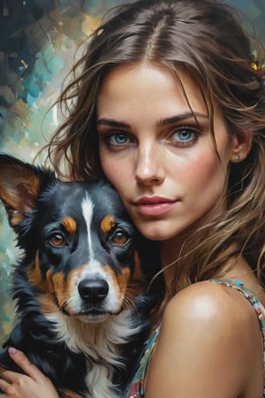 half body, a woman with her best friend her dog, dark complex background, style by Thomas Kinkade+David A. Hardy+Carne Griffiths+Mandy Disher half vivid colors fine art, best quality, high detailed, detailed faces, 2d,