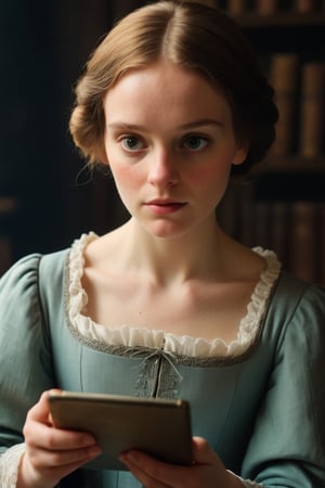 Jane Eyre using a tablet, natural skin texture, 24mm, 4k textures, soft cinematic light, adobe lightroom, photolab, hdr, intricate, elegant, highly detailed, sharp focus, ((((cinematic look)))), soothing tones, insane details, intricate details, hyperdetailed, low contrast, soft cinematic light, dim colors, exposure blend, hdr,