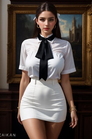 (RAW photo, best quality), (realistic, photo-Realistic:1.1), best quality, masterpiece, beautiful and aesthetic, 16K, head to thigh portrait, white bracelet, white dress shirt, black neck ribbon, black high-waist skirt, a beautiful Spanish girl, ,giant breasts,sakimichan