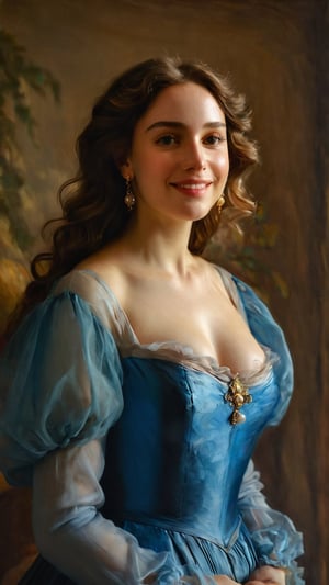 beautiful woman, long blue wavy dress with nature and soft ornaments, fairly showing its beautiful skin. blushed cheeks, big breast, natural face, fantasy, mature, pretty woman, smiling, happy, closed mouth, art by wlop, facing in front (portrait close-up), renaissance painting, 

8k, cinematic lighting, very dramatic, very artistic, soft aesthetic, innocent, art by john singer sargent, greg rutkowski, oil painting, 
