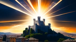 4k, masterpiece, Italian castle city, (trendwhore style:1.4), abstract art, abstract light rays, abstract  ((bursting light rays),   orange theme. sharp details. BREAK highest quality, detailed and intricate, original artwork, trendy, vector art, award-winning, artint, SFW, ,night city,DonMW15pXL,itacstl