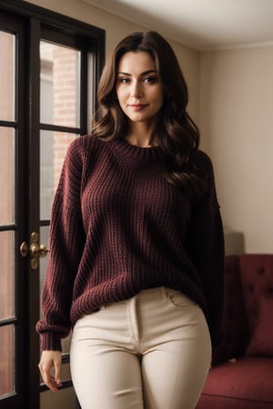 Generate hyper realistic image of a striking woman with flowing brunette hair and a seductive face standing alone in a bright room, hourglass bodyshape, wide hips, crotch gap, medium breast, skin tight red sweater, skin tight black cotton pants that accentuates her figure. With her gaze locked onto the viewer, she exudes a sense of mystery and allure, her lips curved in a subtle grin. The background is blurred, emphasizing her solo focus, .in the style of jclive9988 ,sagging breasts,Masterpiece,old woman