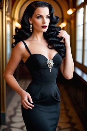 tight black dress that harmonizes the artistic curves of Art Nouveau with the dark charm of 50's fashion, the stunning woman with her long, wavy black hair 