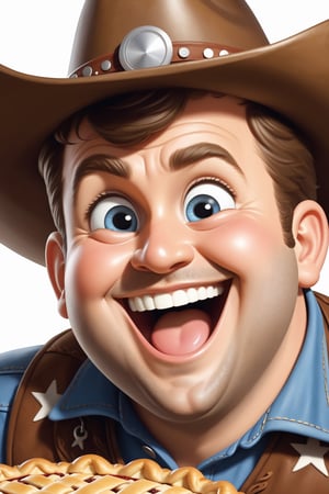 happy, smiling, chubby cowboy, closeup, excited, big eyes, pie on face, mouth