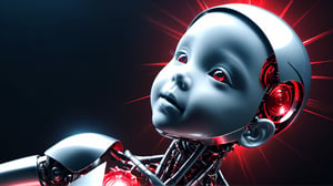 4k, masterpiece, (trendwhore style:1.4), ((head of a abstract cyborg baby)), head and body, stainless steel head, mecha pieces, robot parts, shattered reality, ((bursting light rays),   red theme. sharp details. BREAK highest quality, detailed and intricate, original artwork, trendy, vector art, award-winning, artint, SFW, ,night city,DonMW15pXL